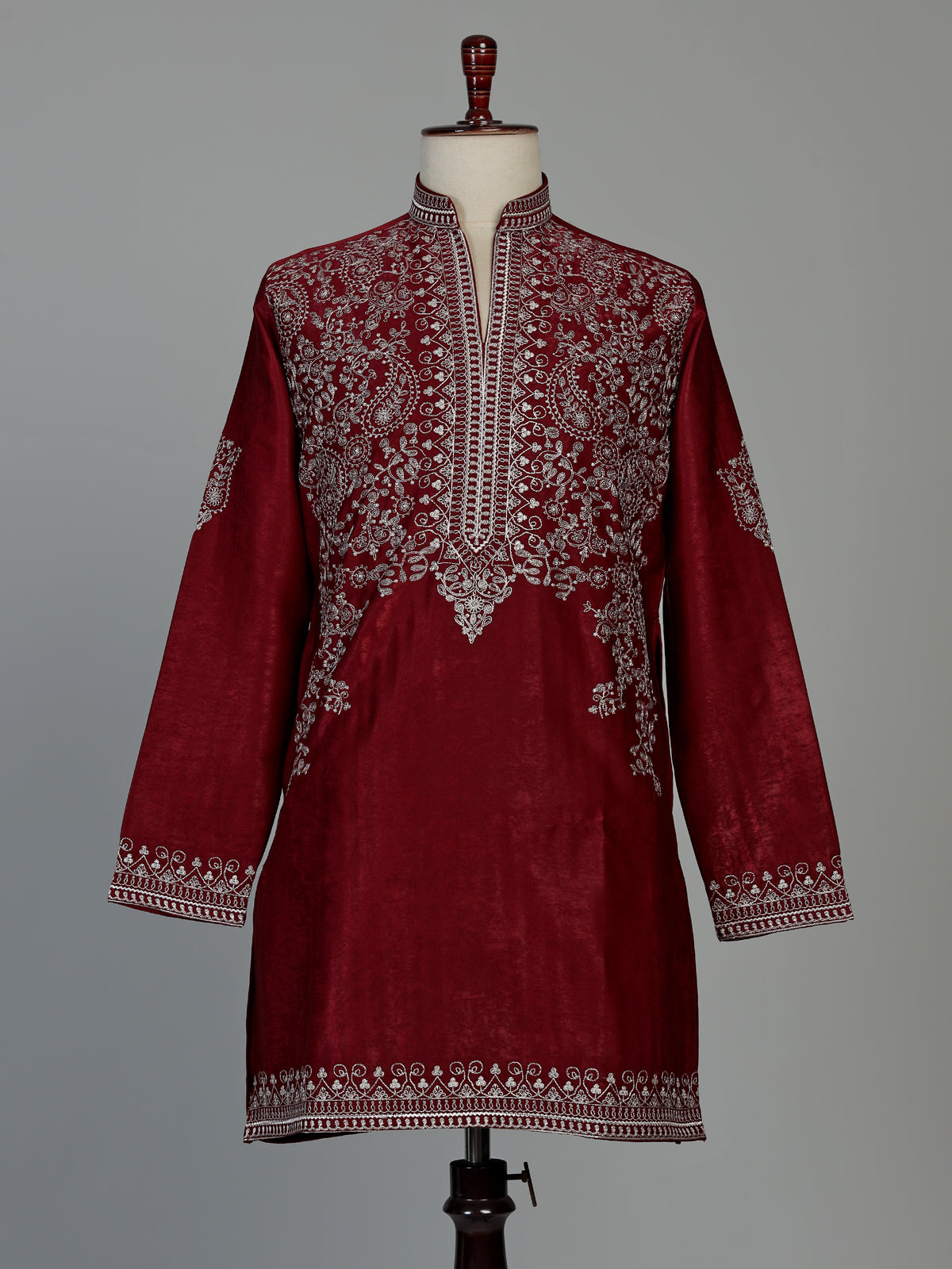 Maroon silk kurta suit for men with refined embroidery work