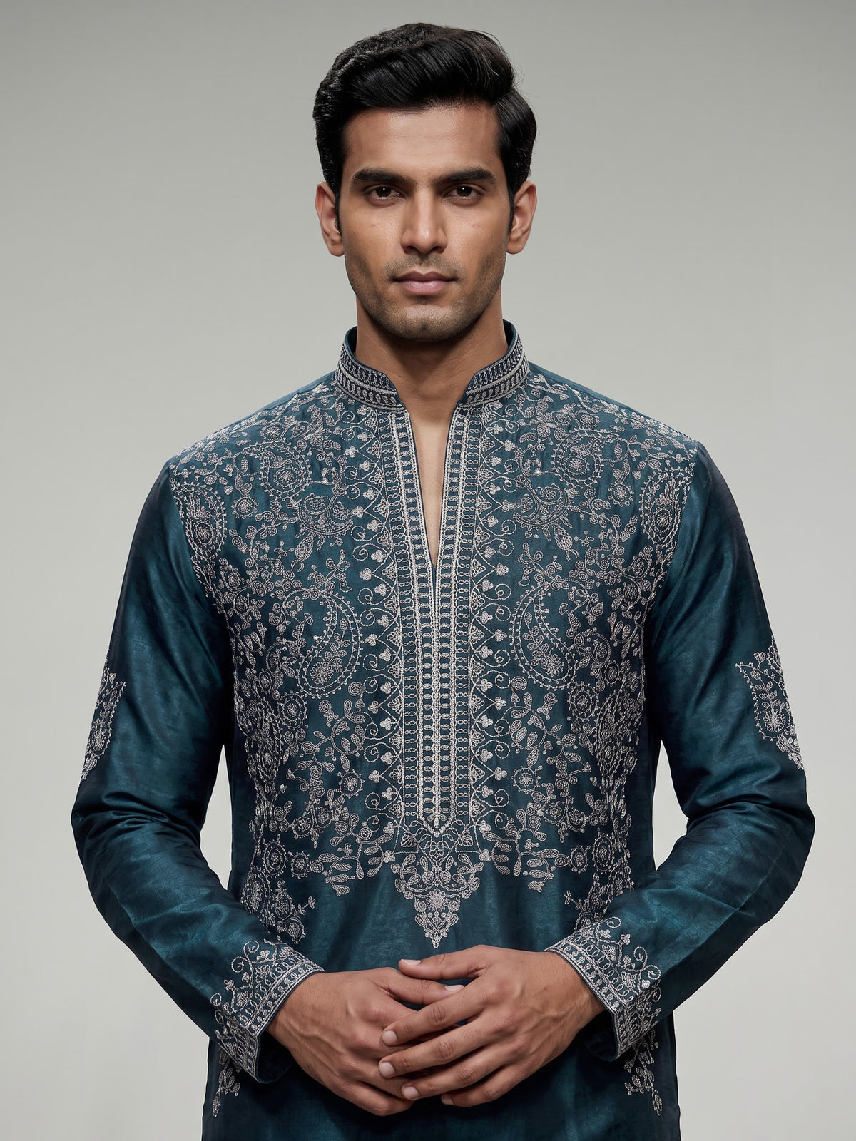 Teal blue silk kurta suit for men with elegant embroidery