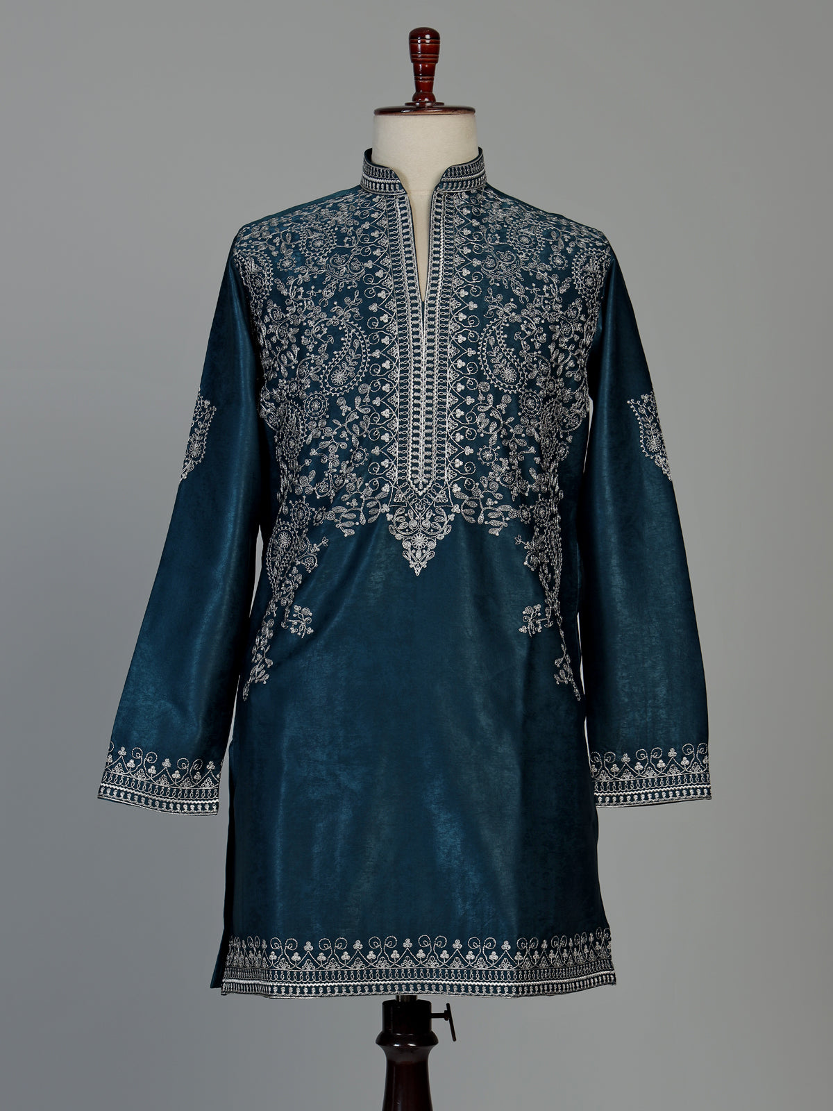 Teal blue silk kurta suit for men with elegant embroidery