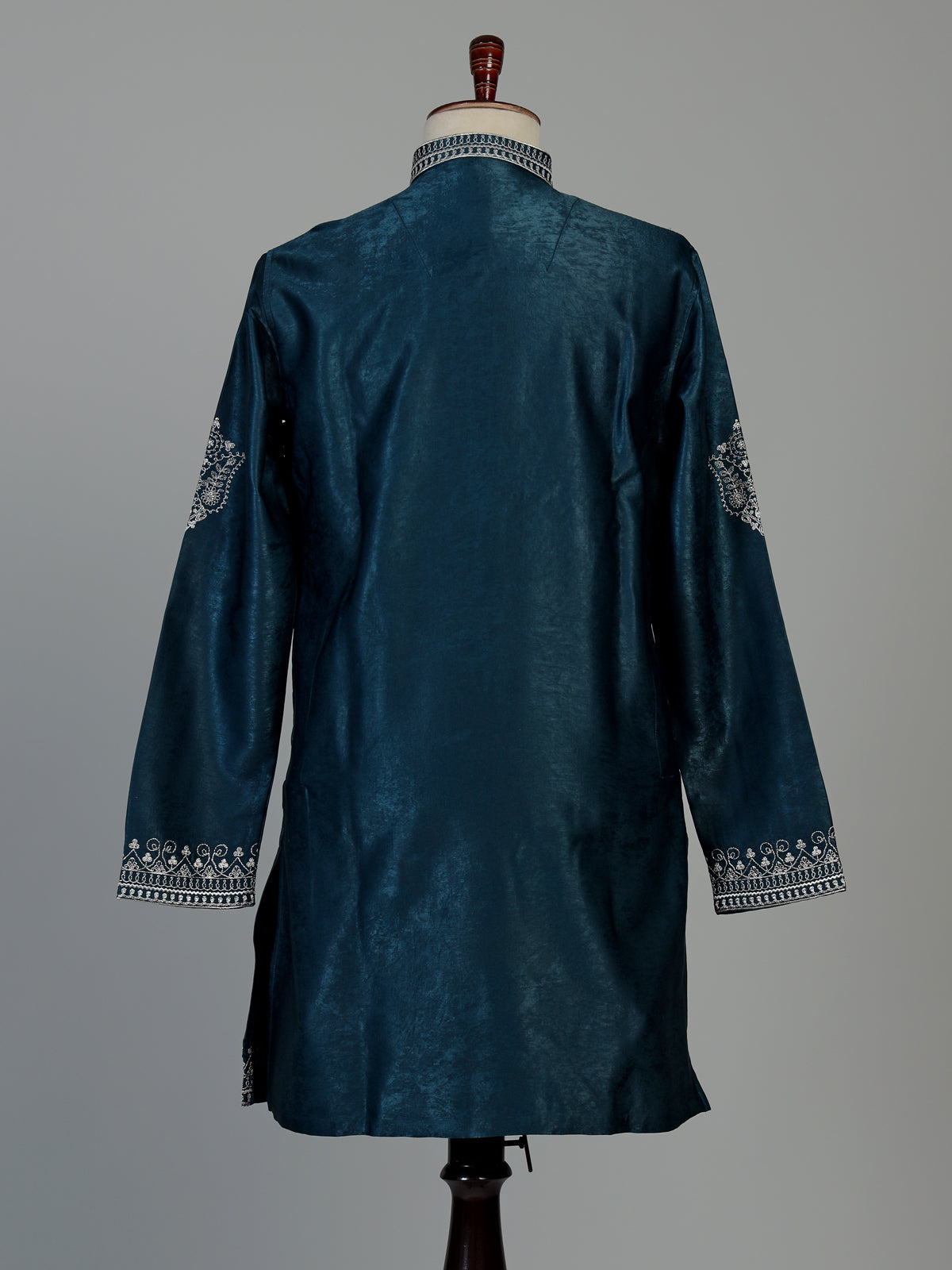Teal blue silk kurta suit for men with elegant embroidery