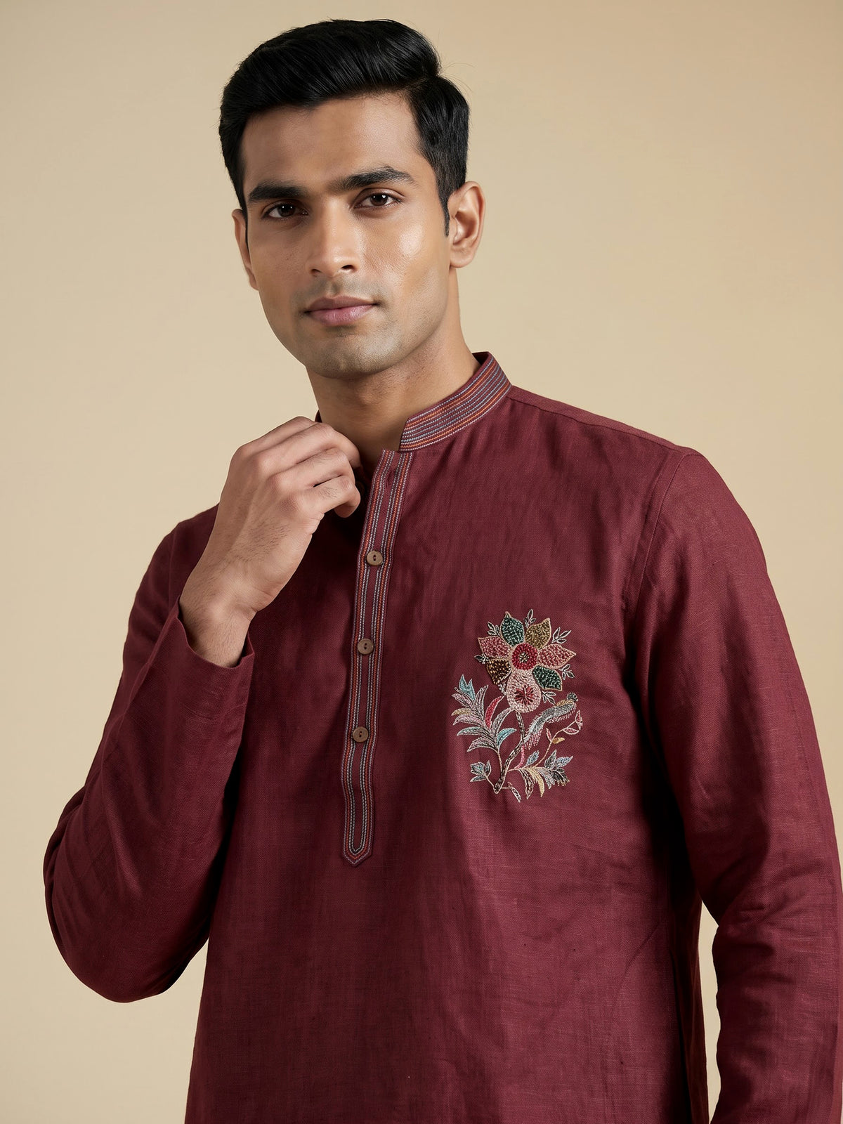 Maroon cotton linen kurta suit for men with festive embellishments