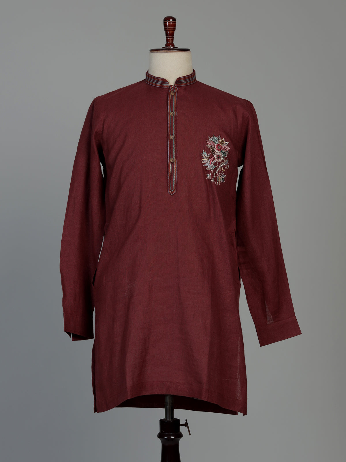 Maroon cotton linen kurta suit for men with festive embellishments