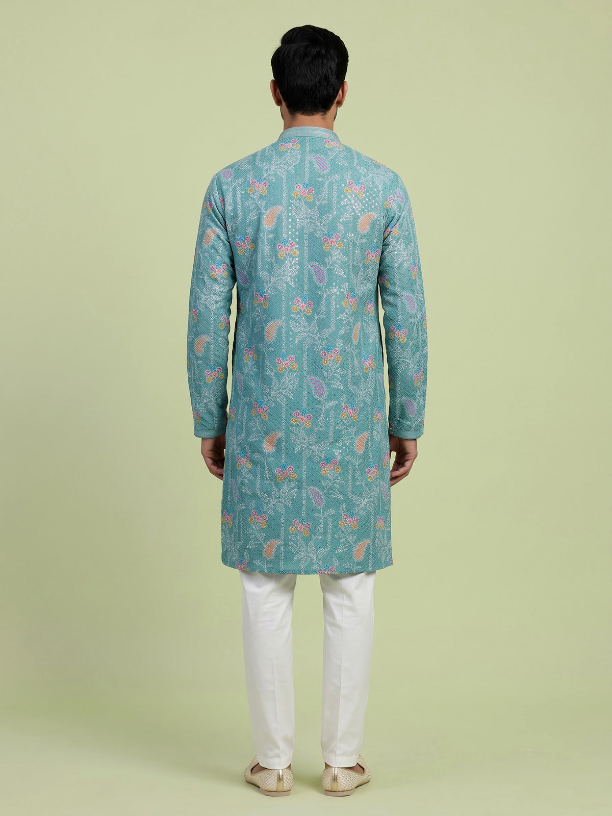 Aqua blue printed cotton kurta suit for men celebrations