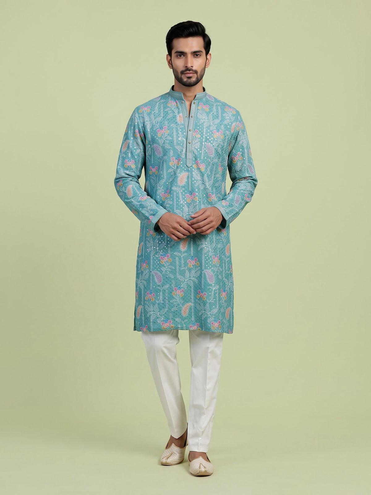 Aqua blue printed cotton kurta suit for men celebrations