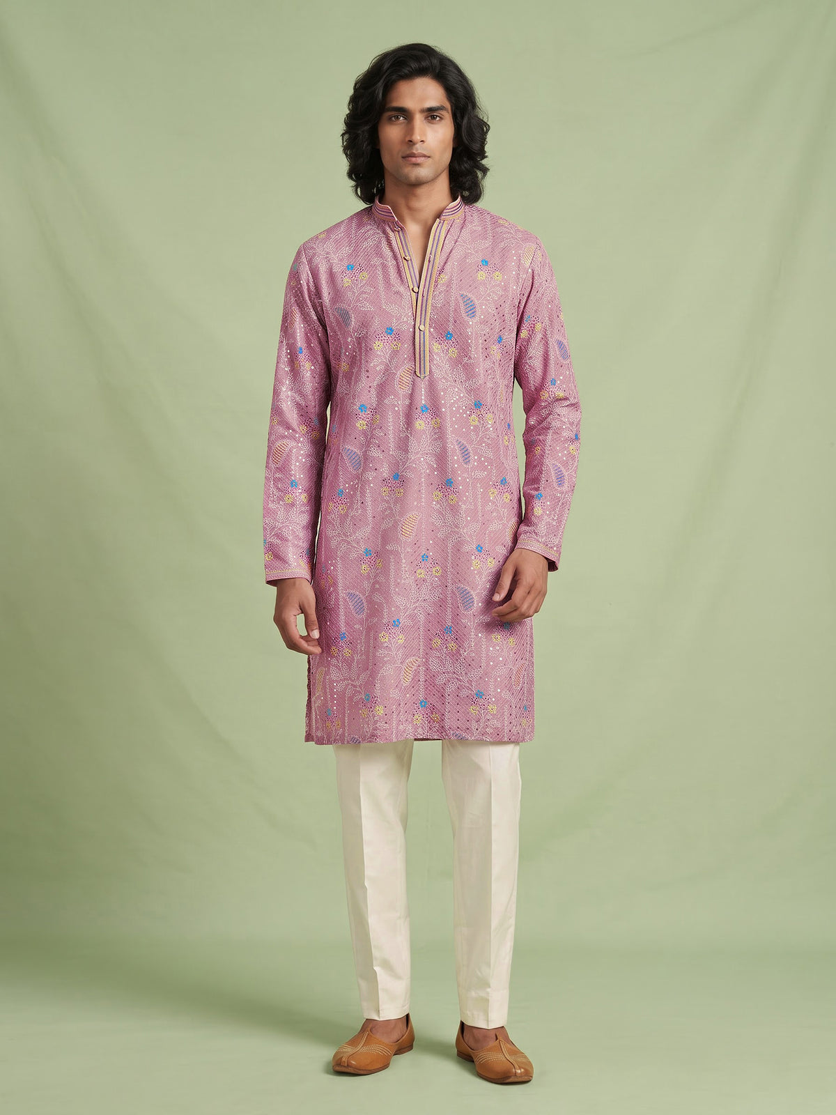 Light pink printed cotton kurta suit for men celebrations