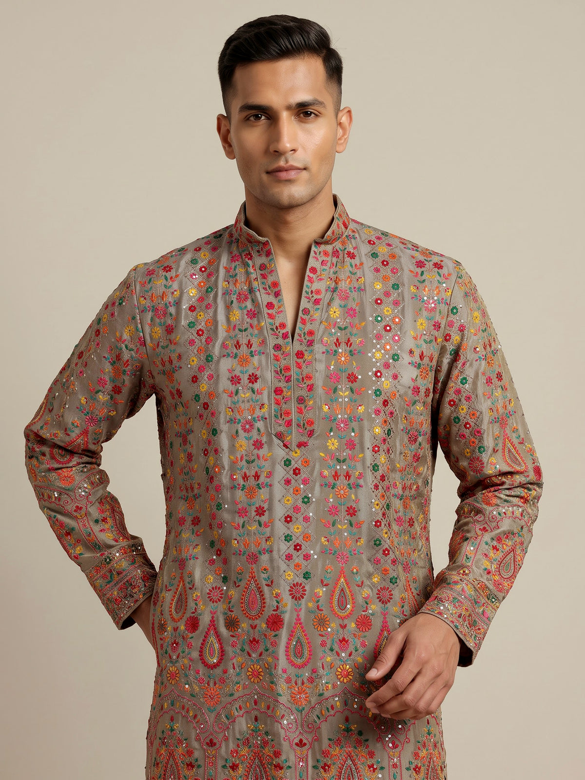 Pastel grey silk embroidered kurta suit for men celebrations