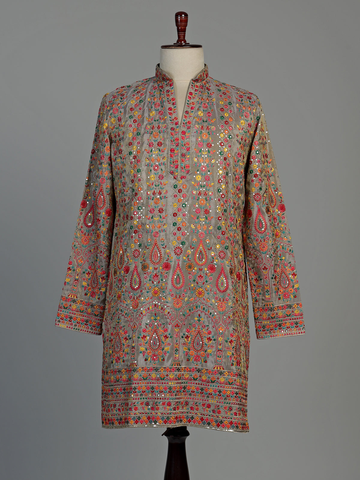 Pastel grey silk embroidered kurta suit for men celebrations