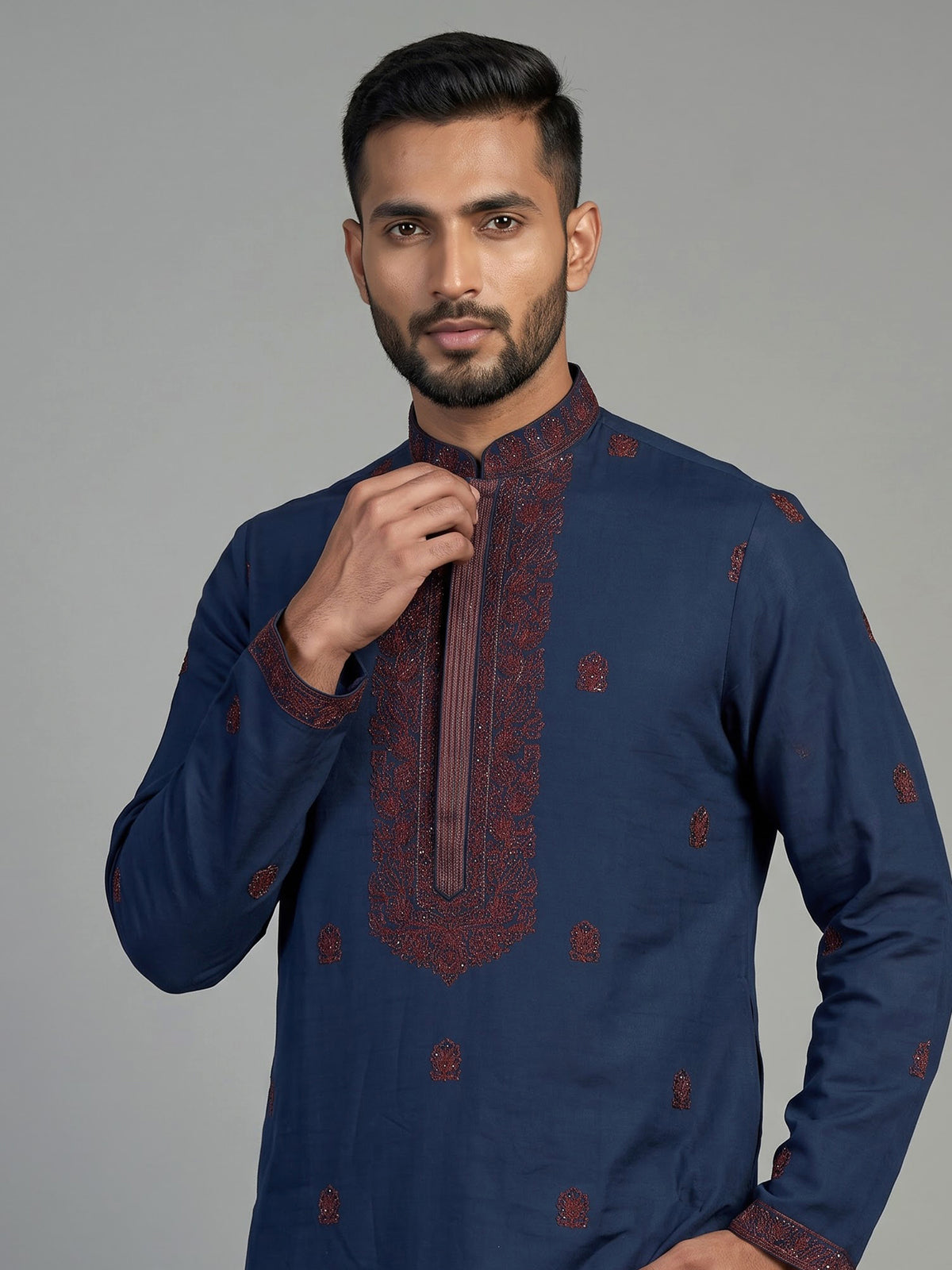 Blue cotton kurta suit for men with cutdana and thread work