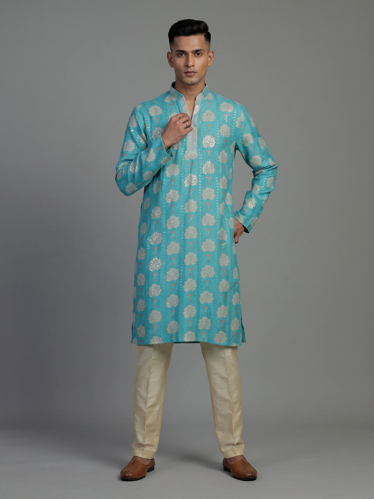 Aqua blue printed cotton silk kurta suit for men