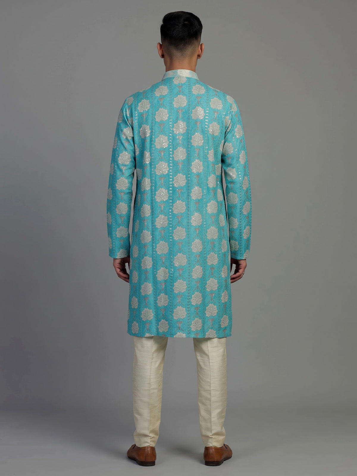 Aqua blue printed cotton silk kurta suit for men