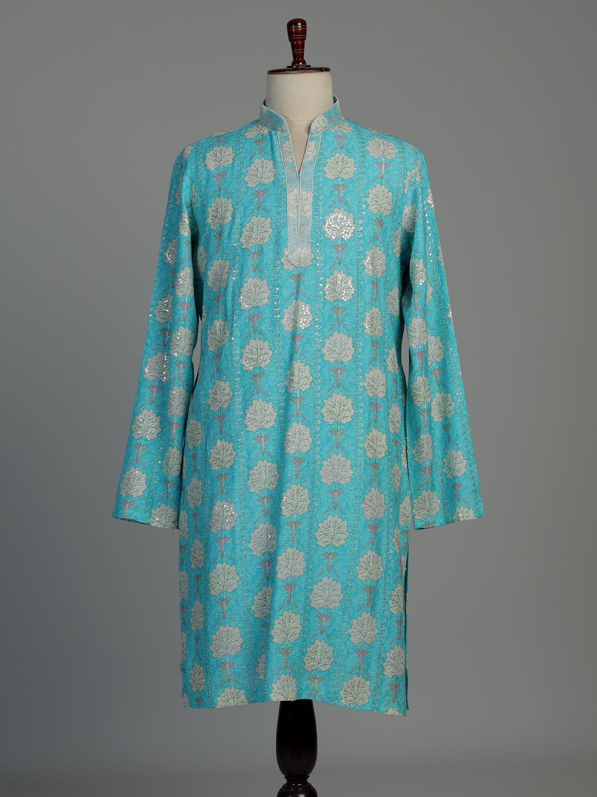 Aqua blue printed cotton silk kurta suit for men