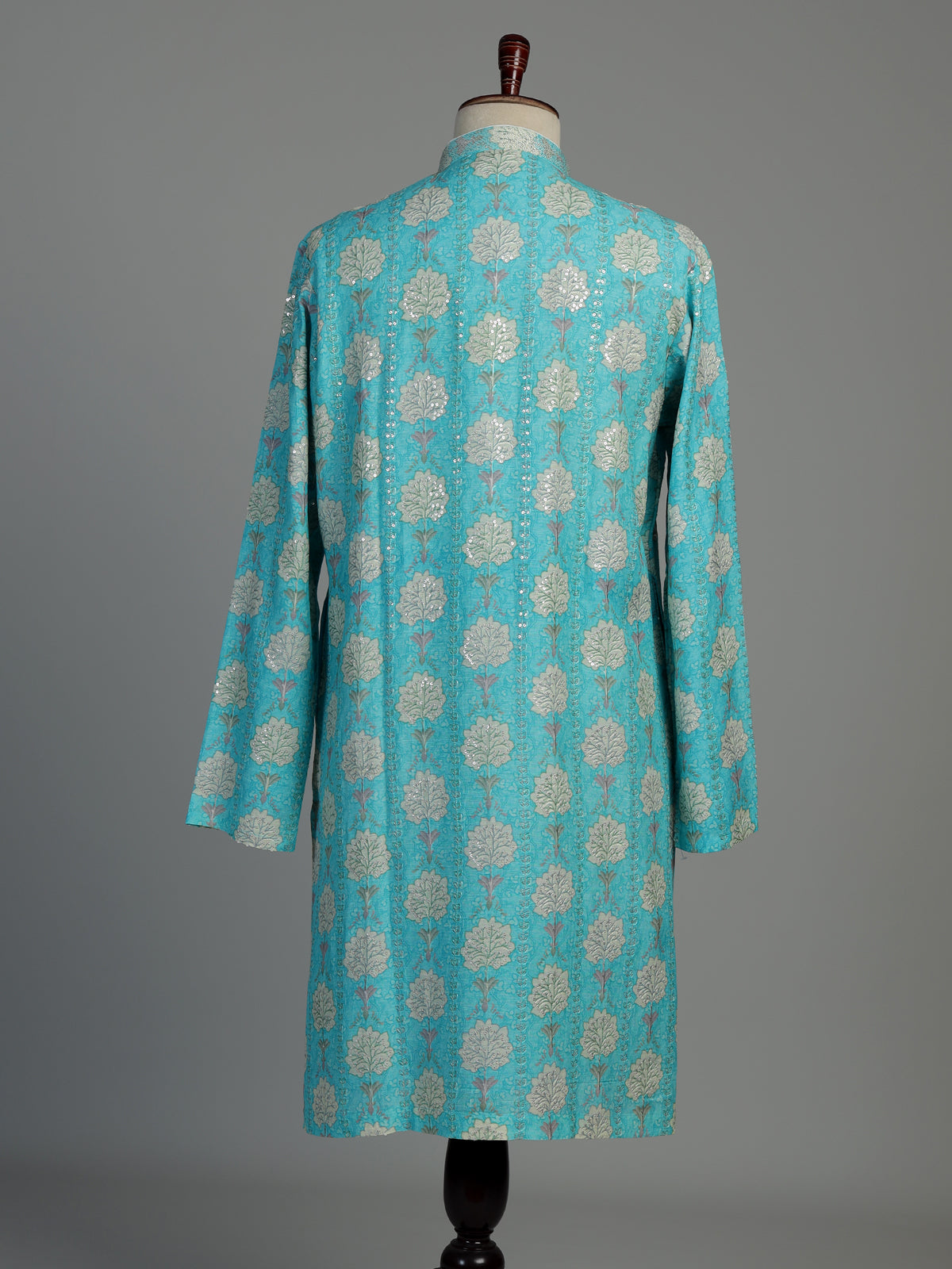 Aqua blue printed cotton silk kurta suit for men