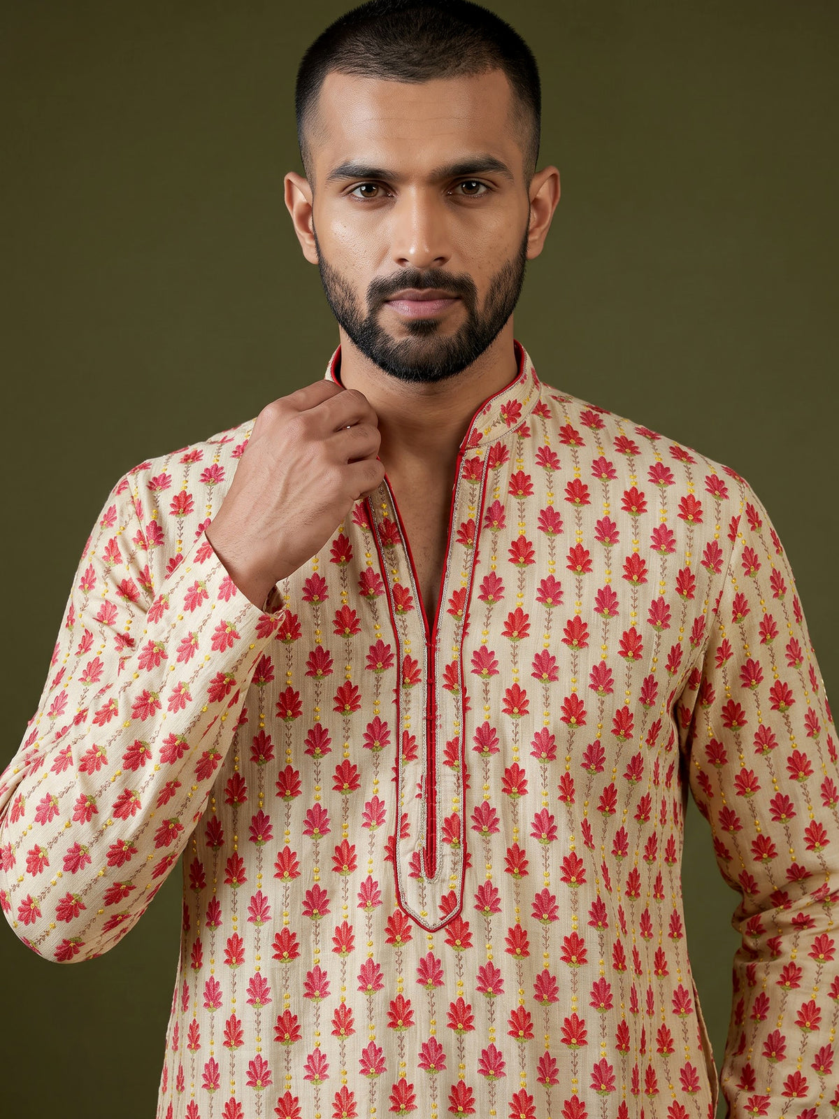 Cream and red printed silk kurta suit for men with threadwork