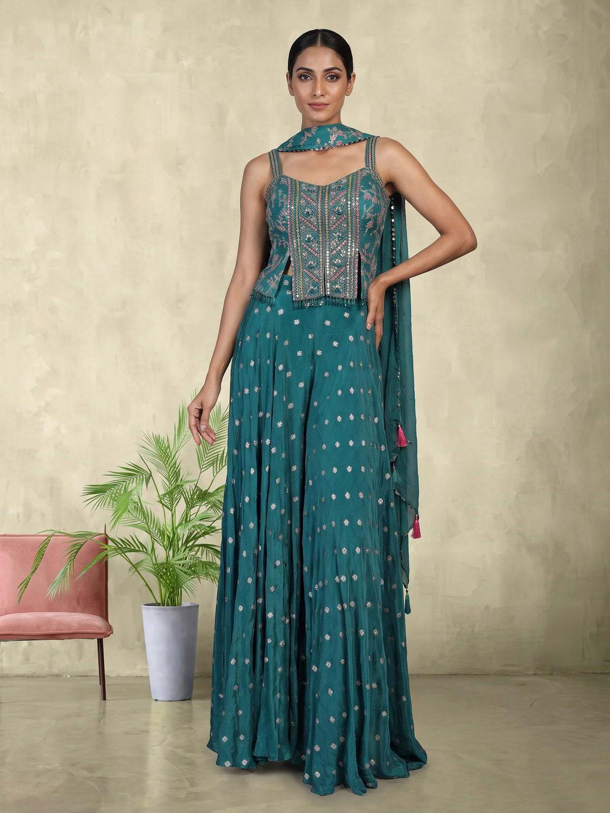 Rama green chiffon silk palazzo suit for women with dupatta
