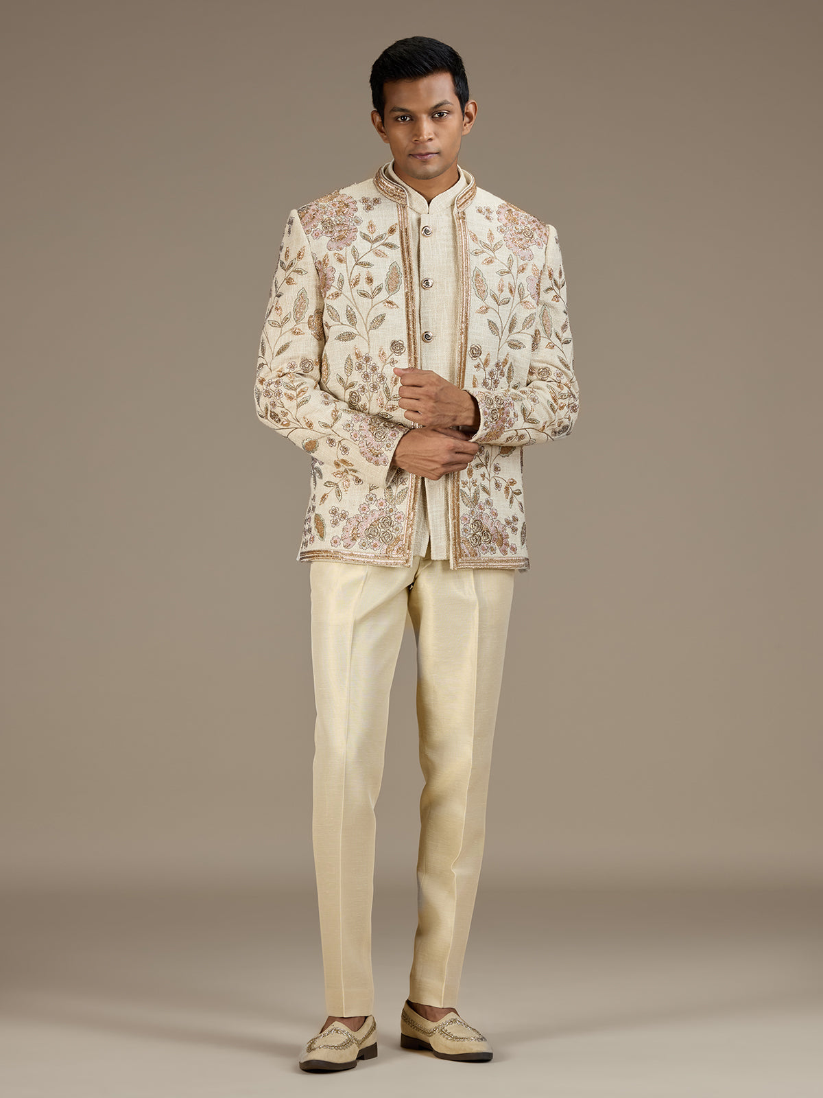 Beige mens heritage embroidered jodhpuri suit
