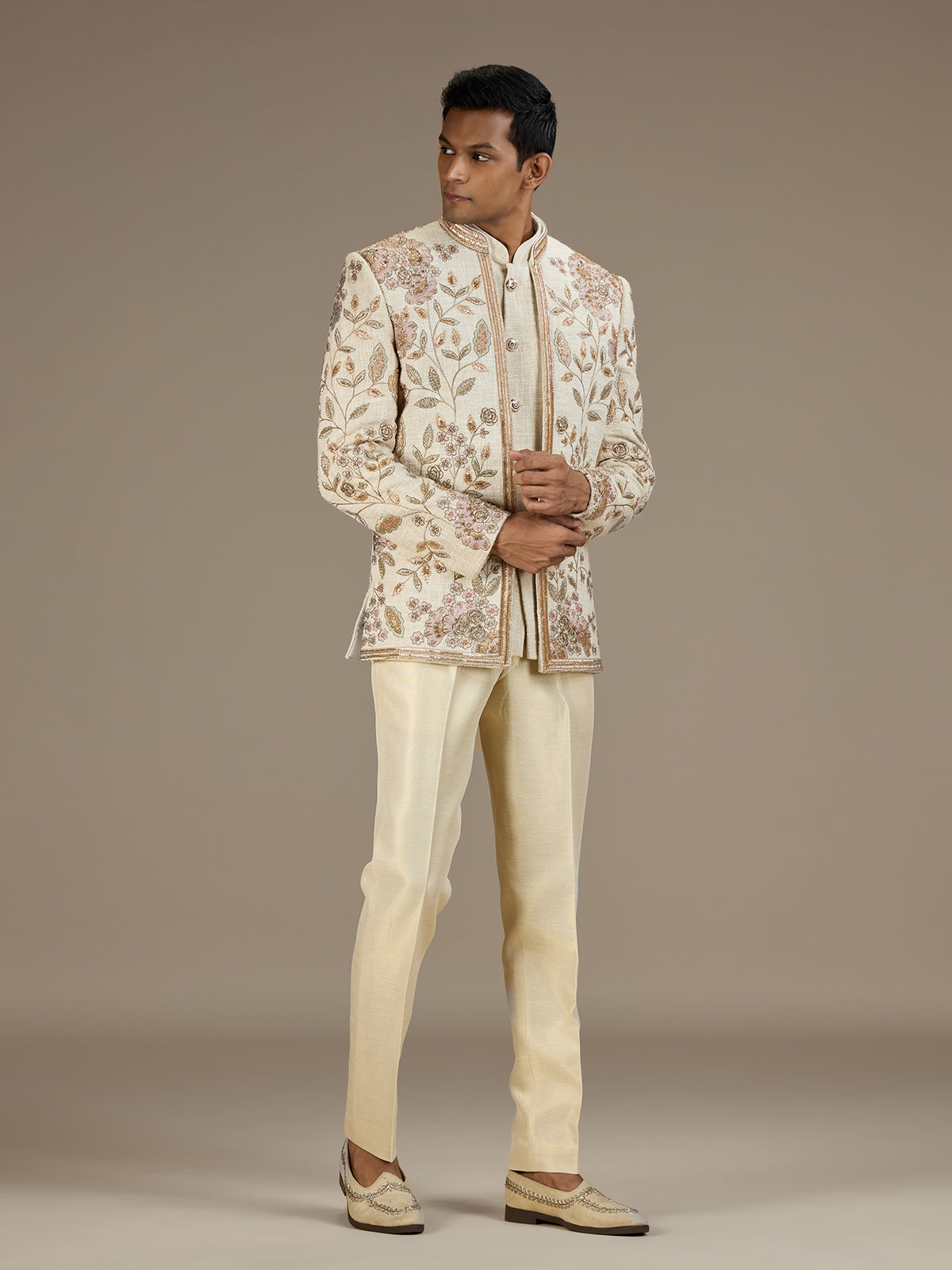 Beige mens heritage embroidered jodhpuri suit