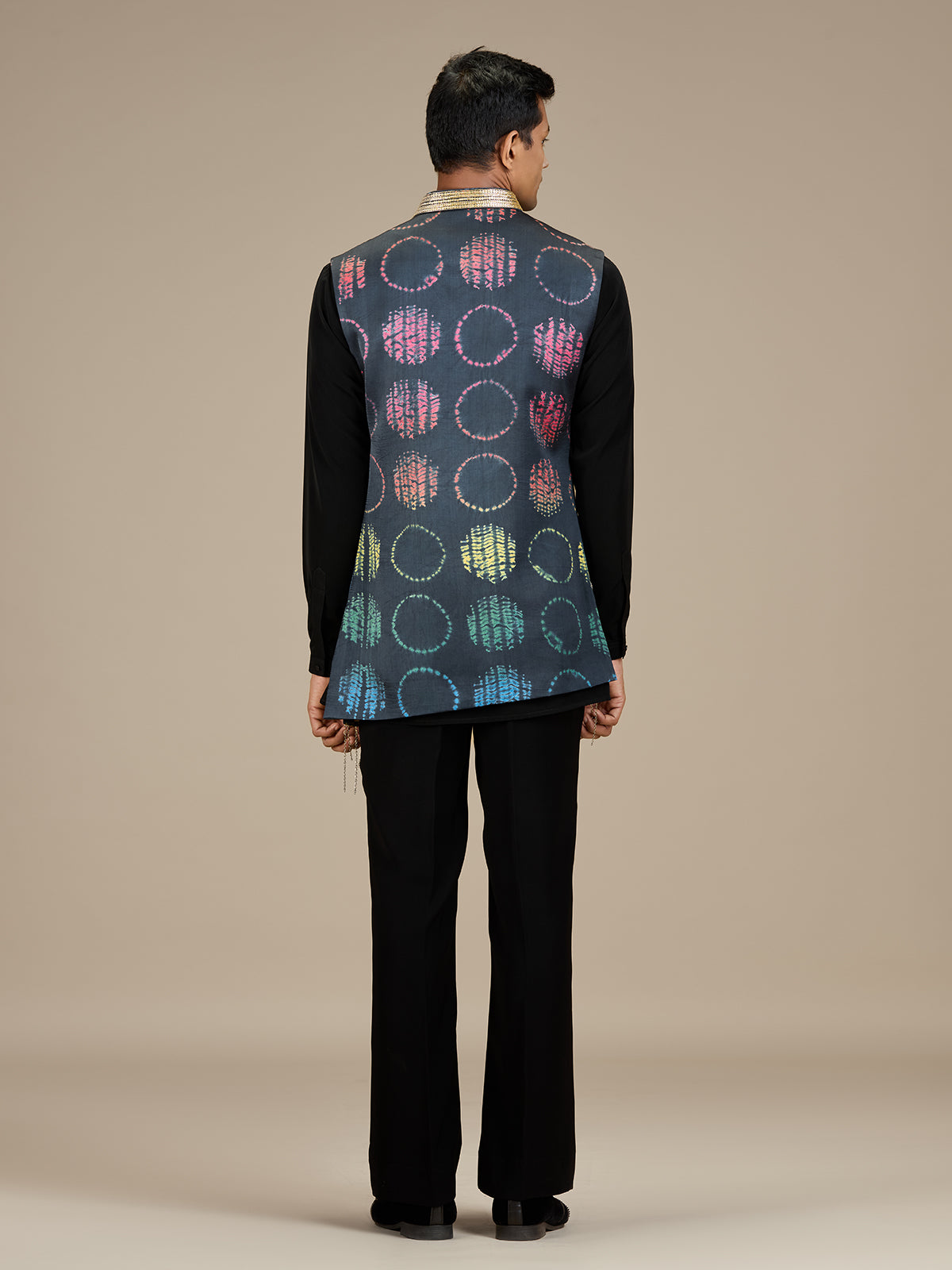 Black mens contemporary bandhani longline waistcoat set