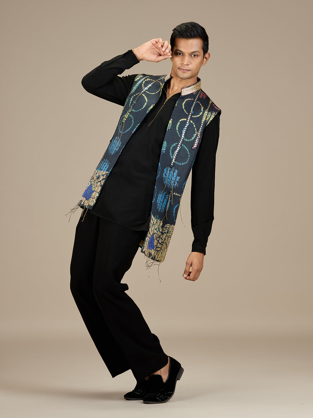 Black mens contemporary bandhani longline waistcoat set