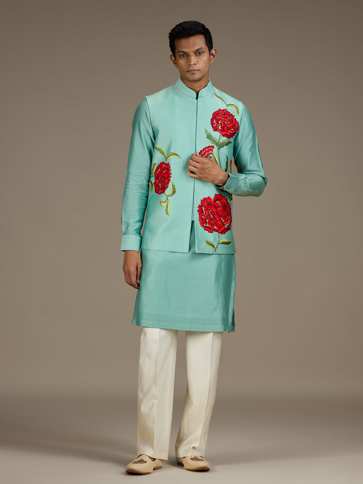 Sea green mens statement silk nehru waistcoat set