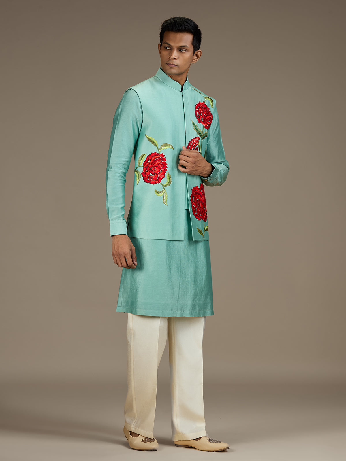 Sea green mens statement silk nehru waistcoat set