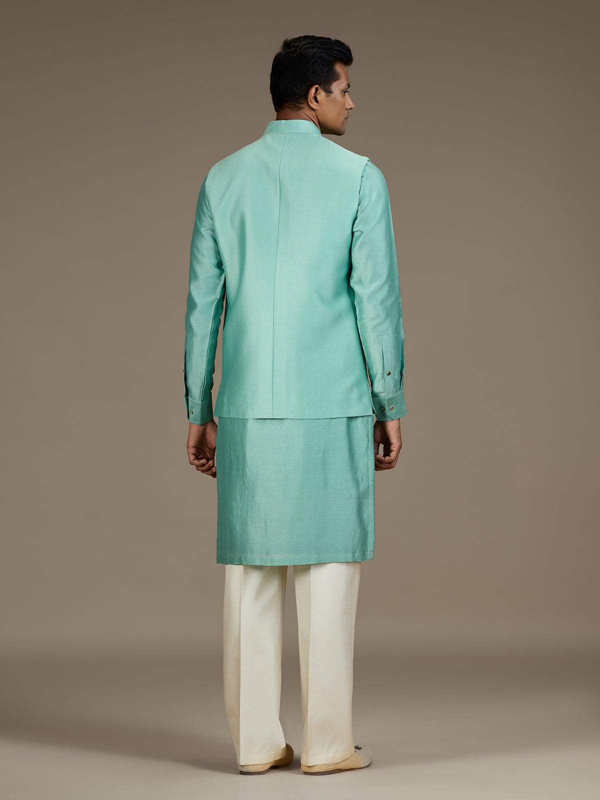 Sea green mens statement silk nehru waistcoat set