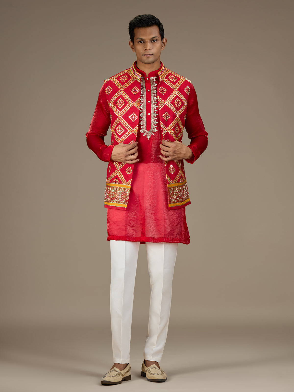 Red mens opulent bandhani nehru waistcoat set
