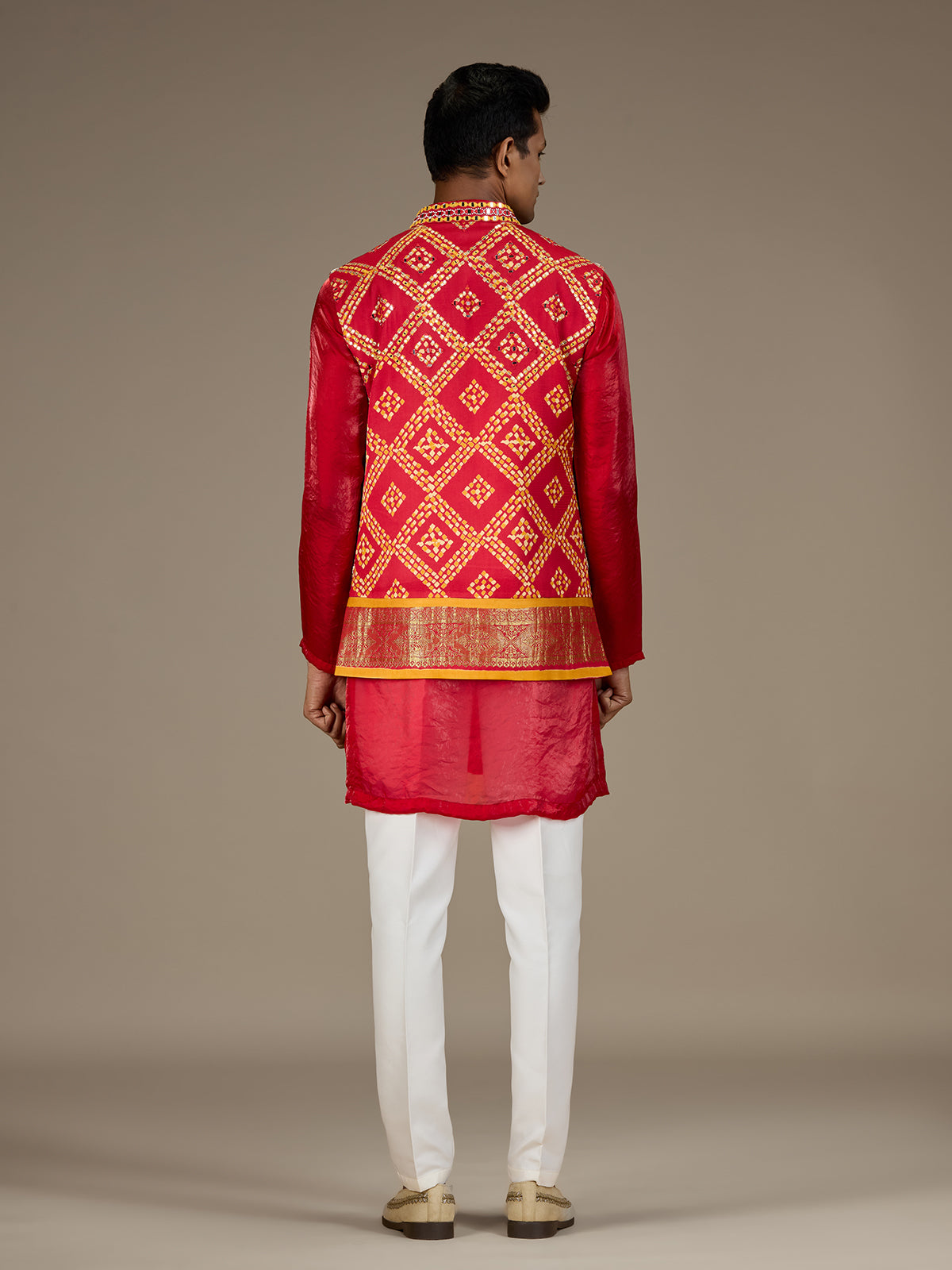 Red mens opulent bandhani nehru waistcoat set