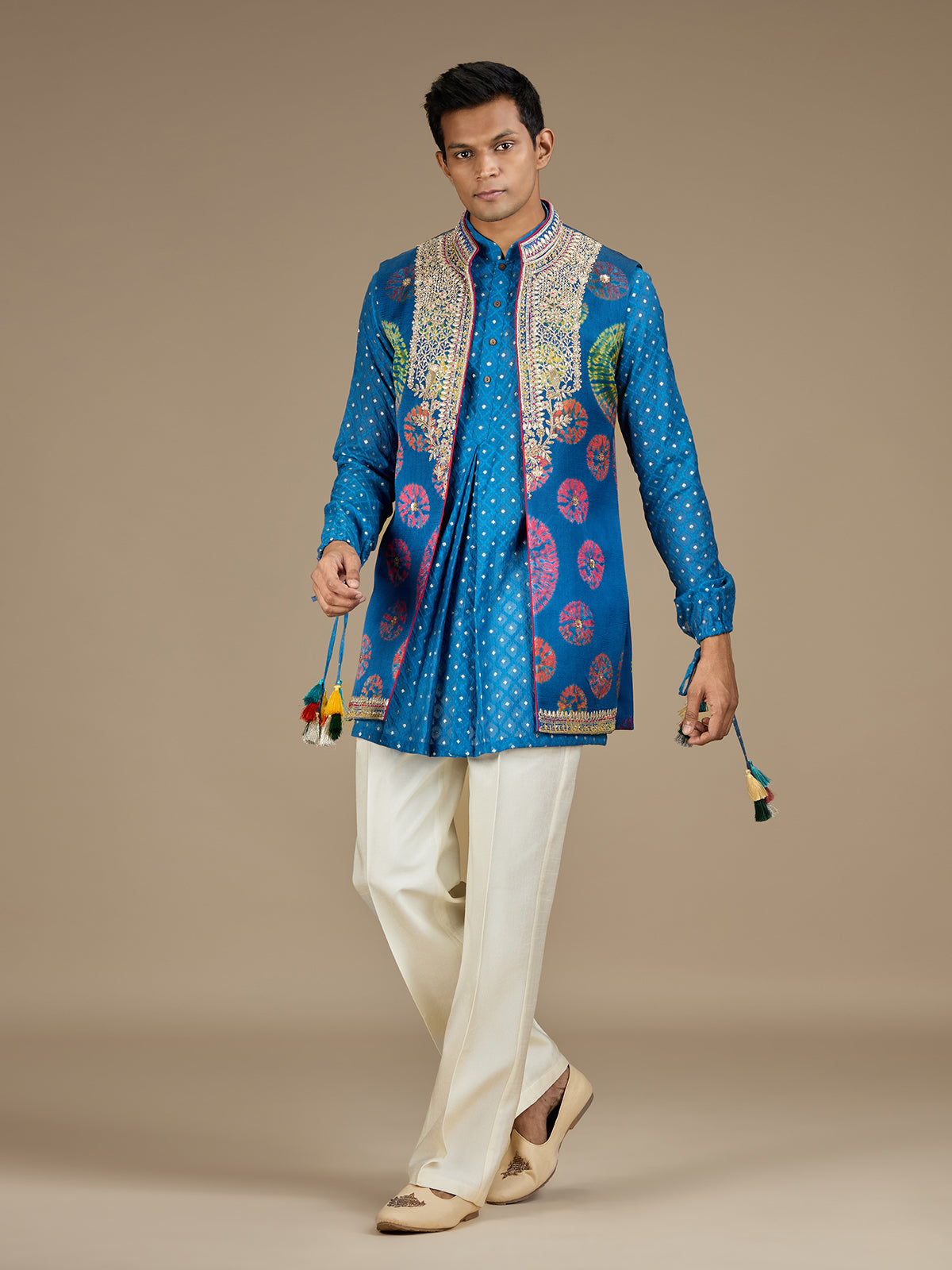 Blue mens majestic bandhani waistcoat kurta set