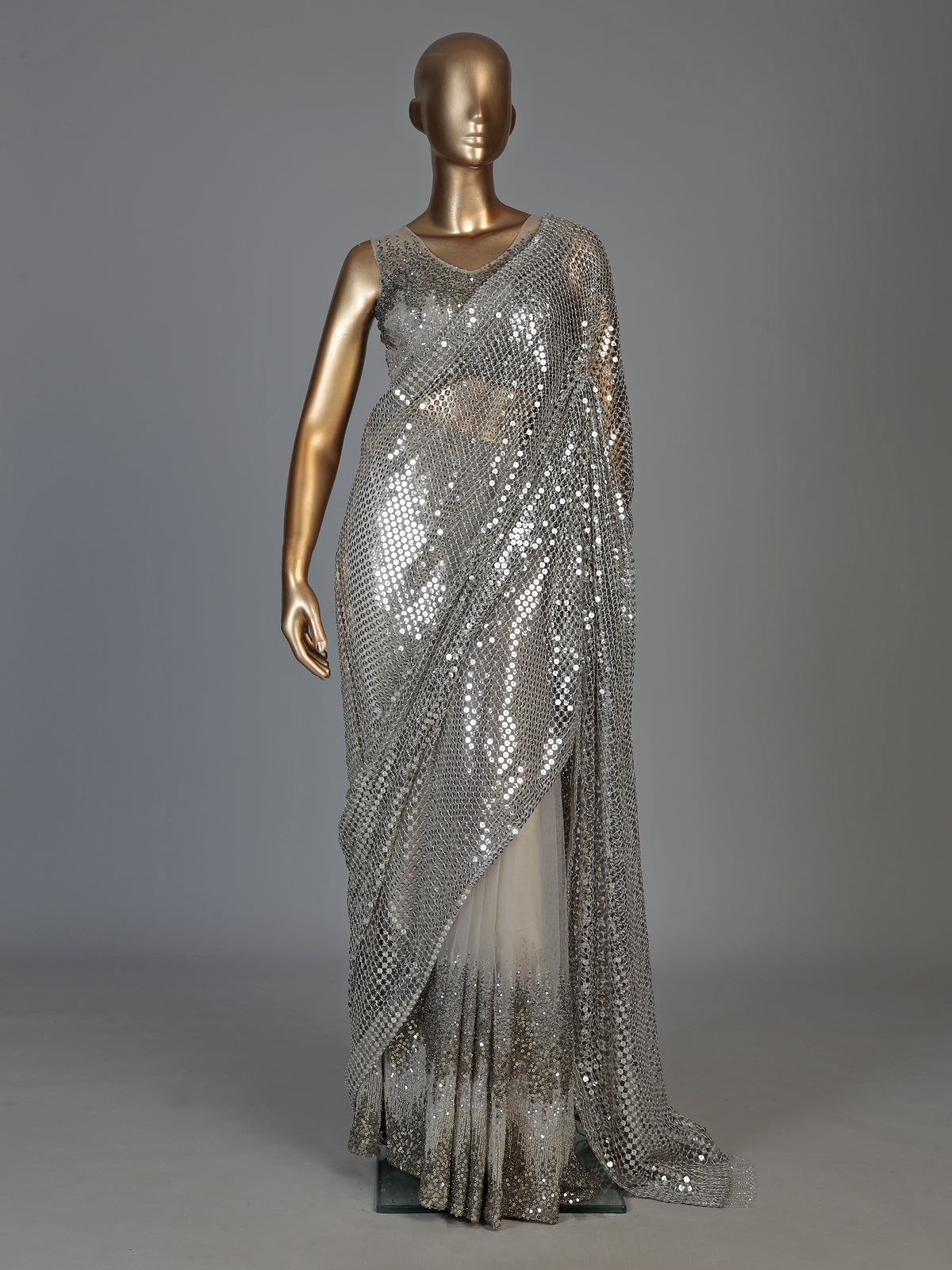 Elegant silver net saree for women with sequin cutdana detailing