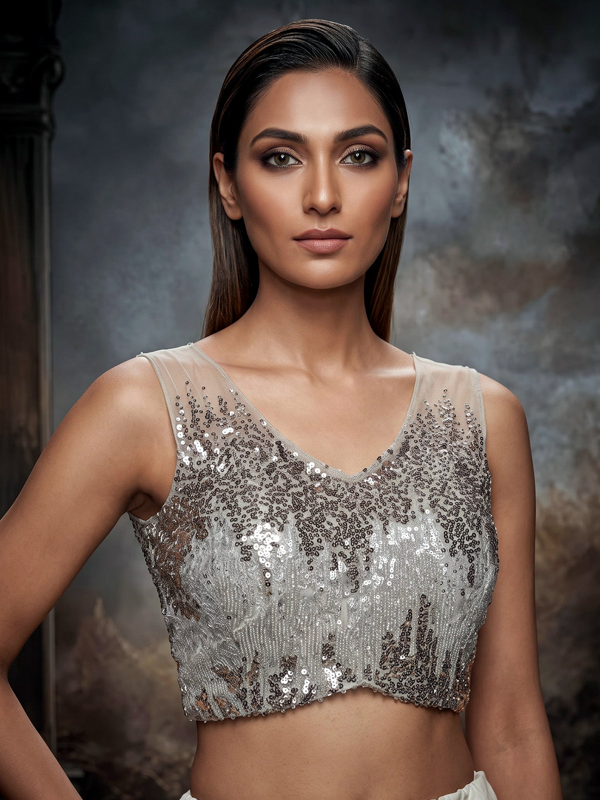 Elegant silver net saree for women with sequin cutdana detailing