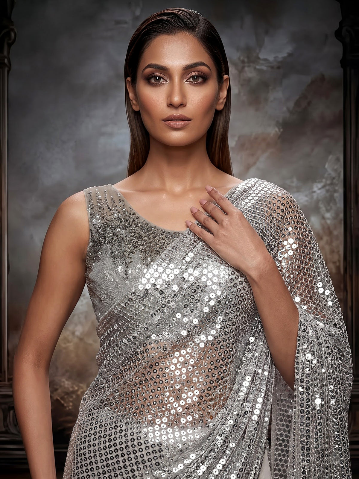 Elegant silver net saree for women with sequin cutdana detailing