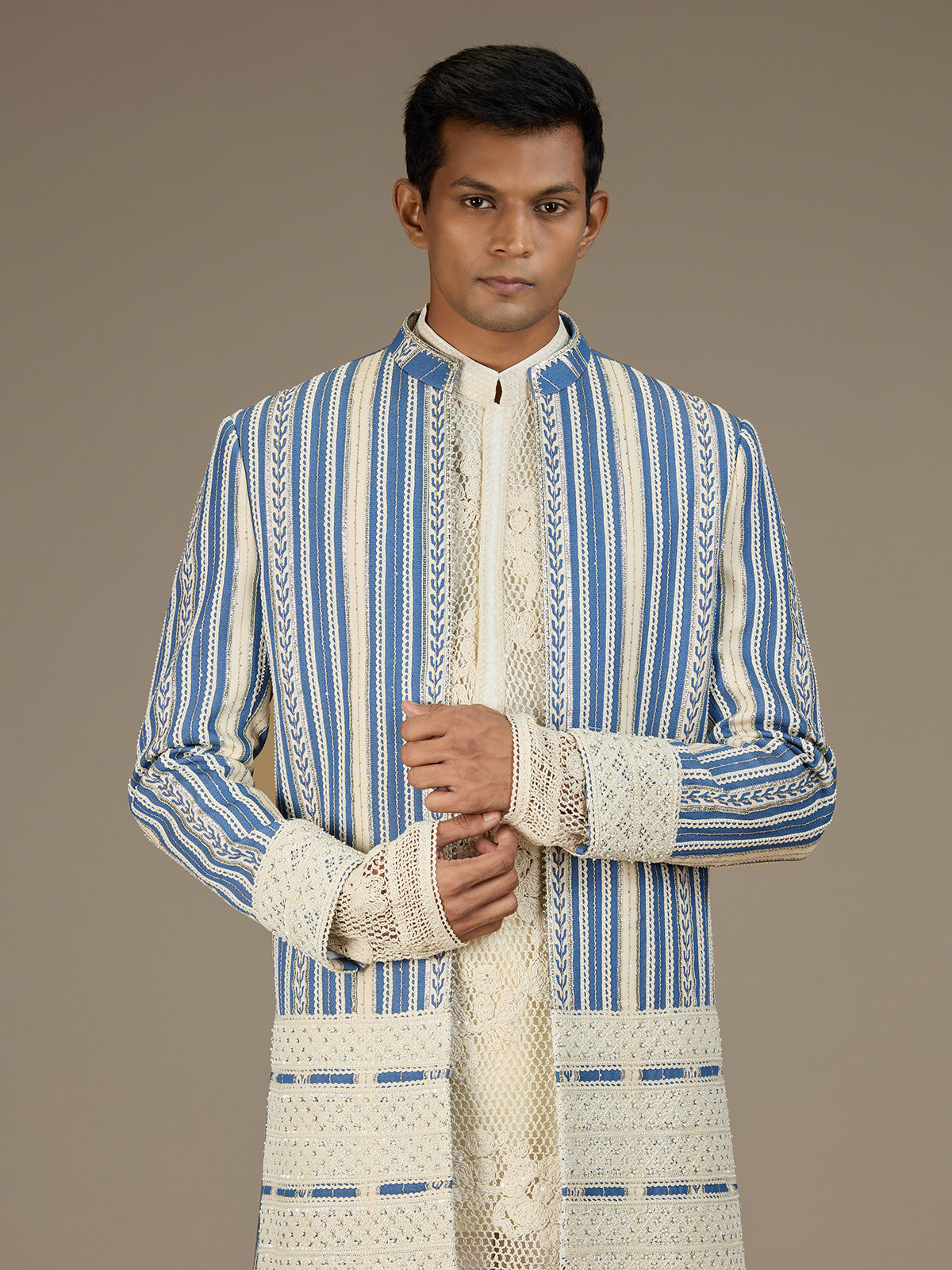 Blue mens designer denim indo western jacket set