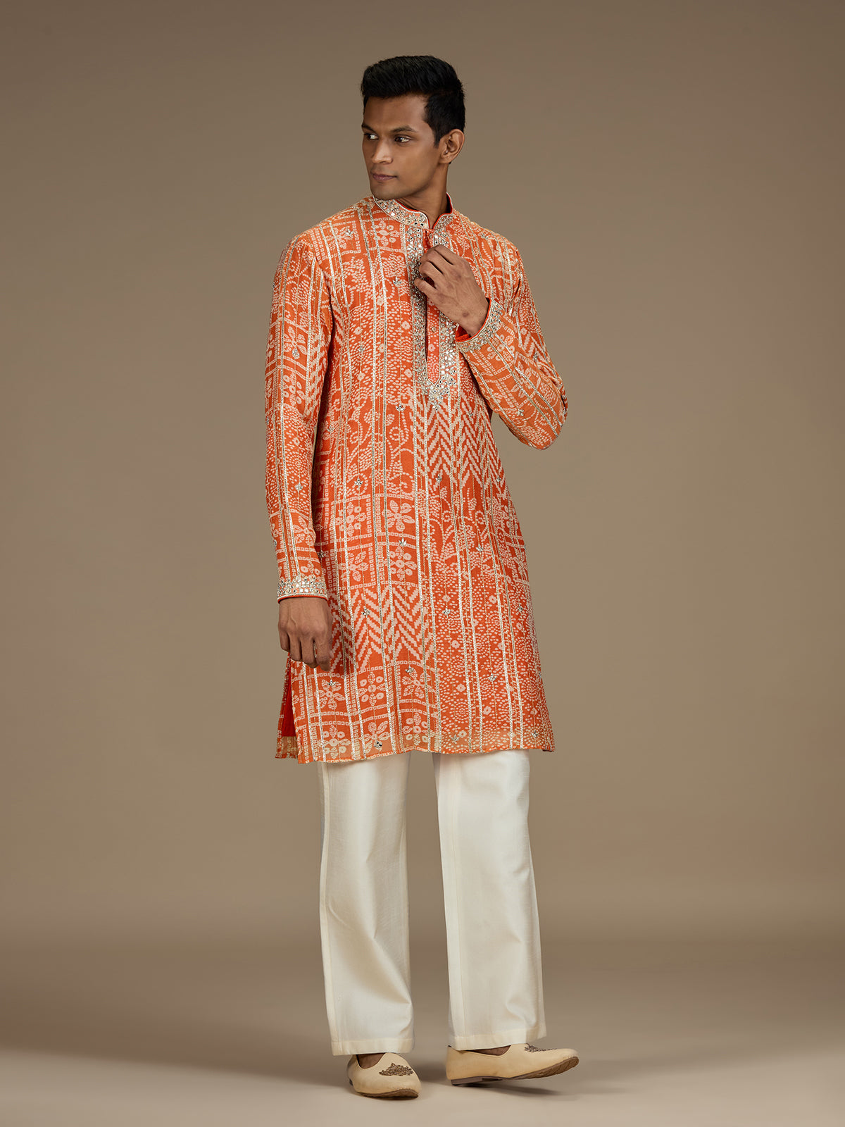 Orange mens regal bandhani embroidered kurta pyjama