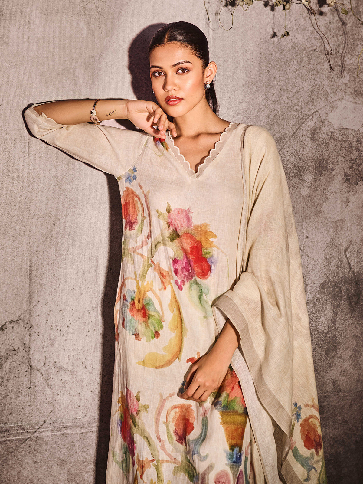 Cream printed cotton linen women kurti set with dupatta