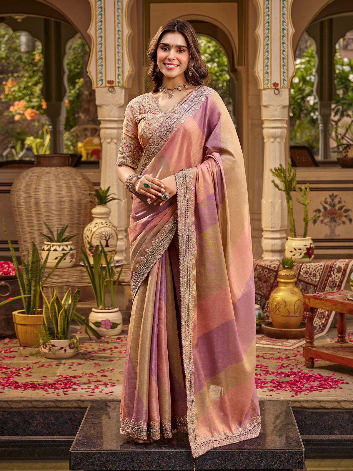 Multicolor tissue silk women saree with floral artistry