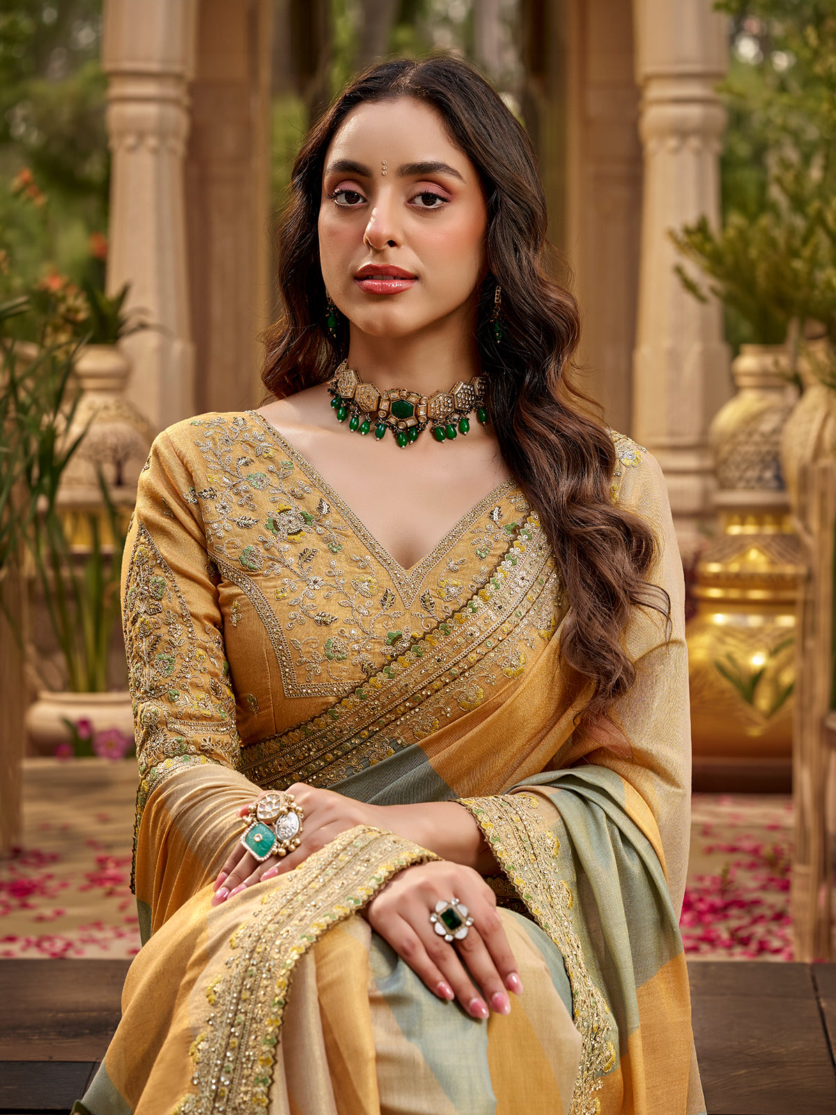 Yellow grey tissue silk women saree with modern charm