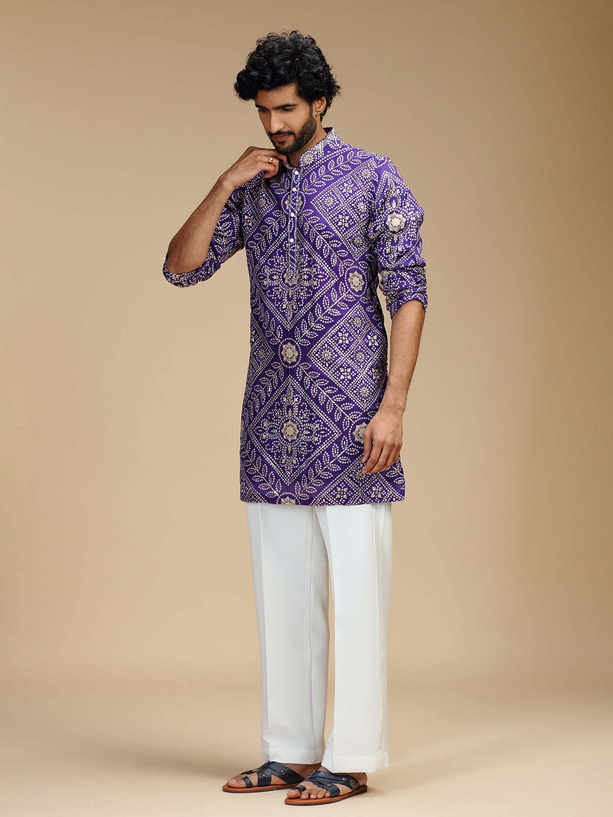 Purple art silk mens kurta suit with floral bandhani