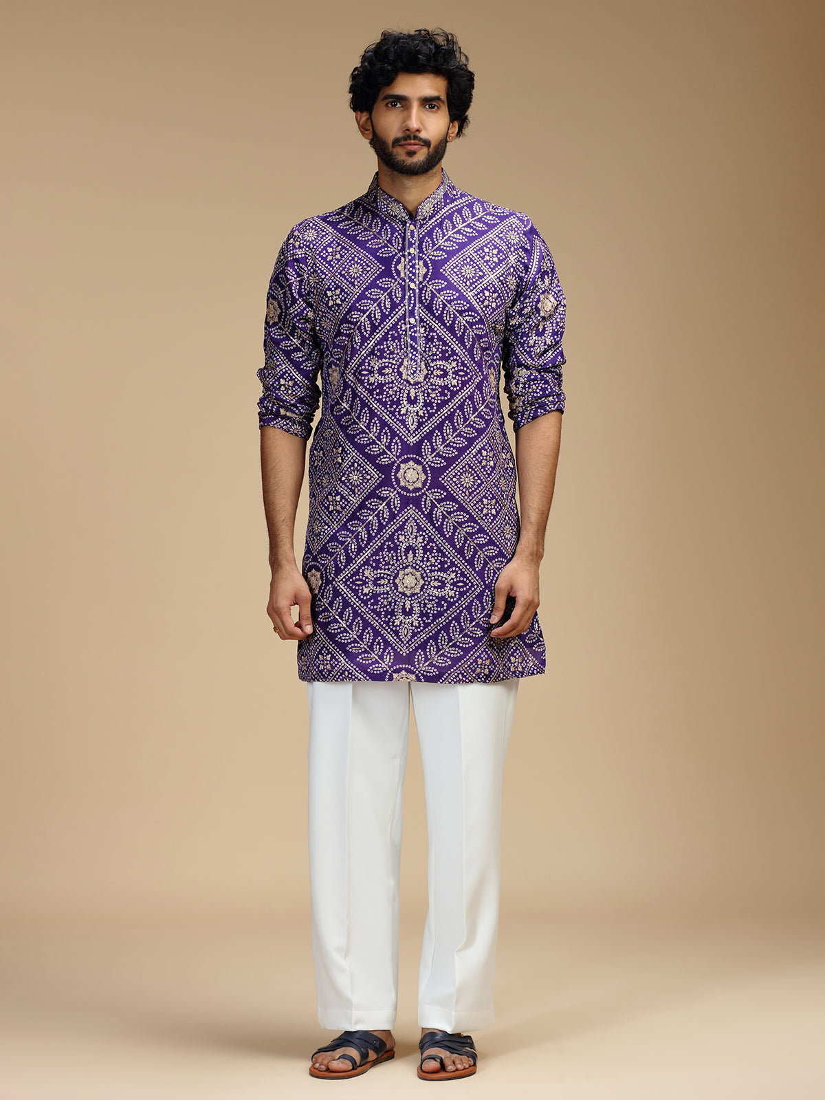 Purple pure crepe mens kurta suit with floral bandhani