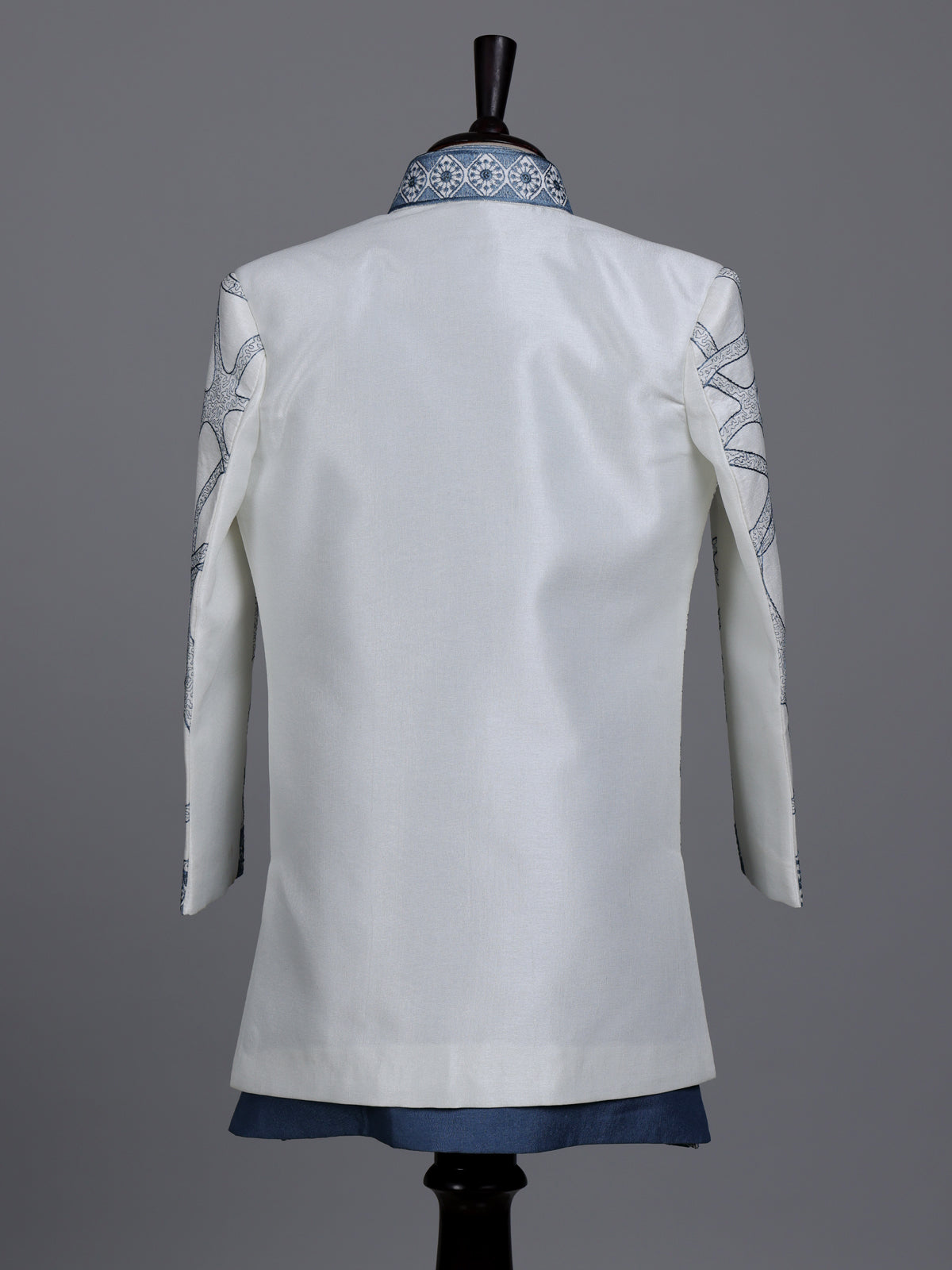 White and stone blue boys silk blend indowestern set with embroidery