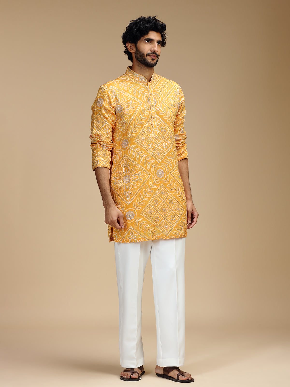 Mustard yellow pure crepe mens kurta suit for haldi