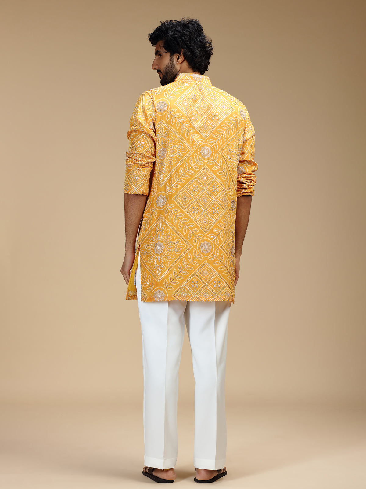 Mustard yellow art silk mens kurta suit for haldi