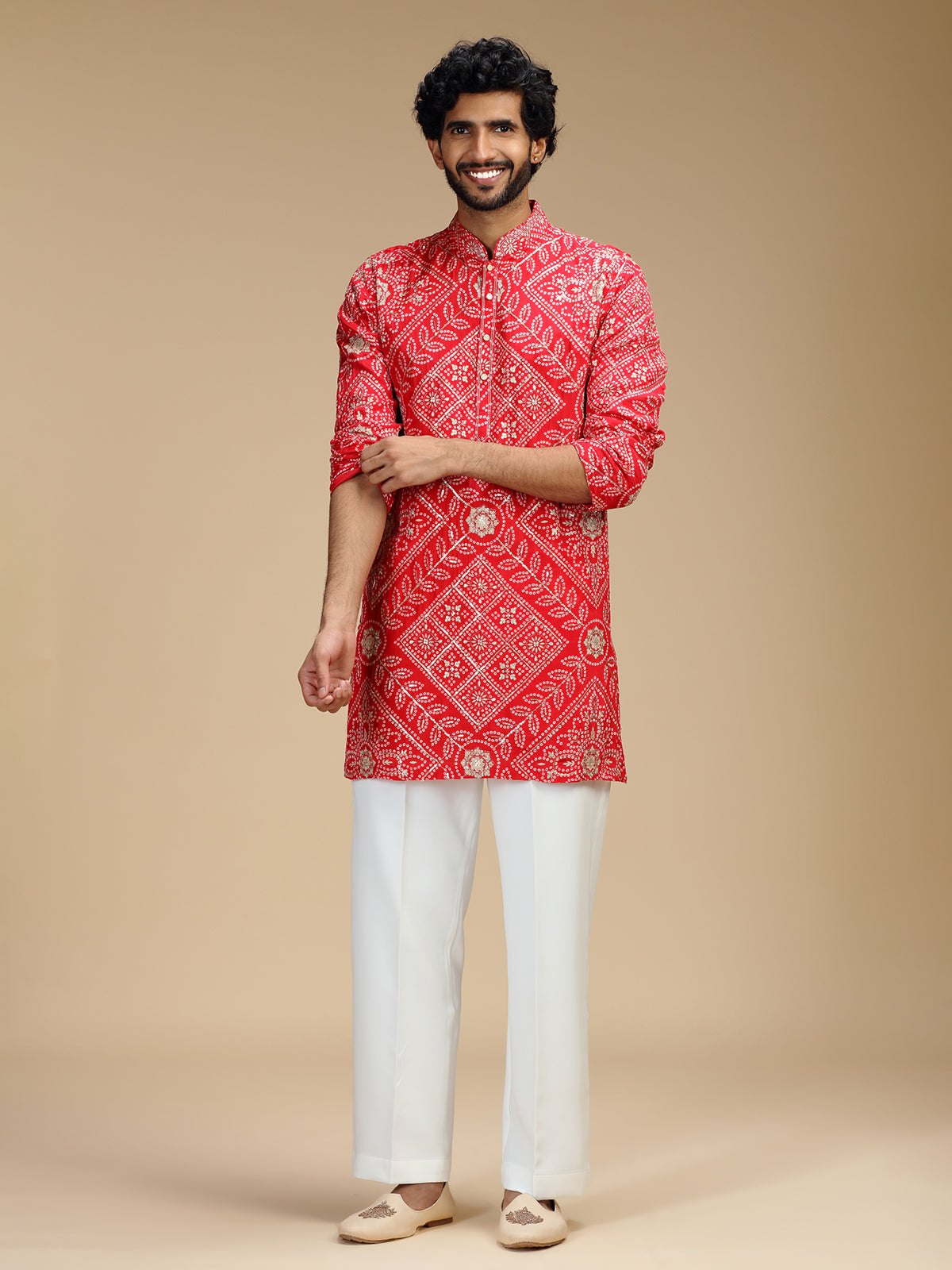 Red pure crepe mens kurta suit with floral panels