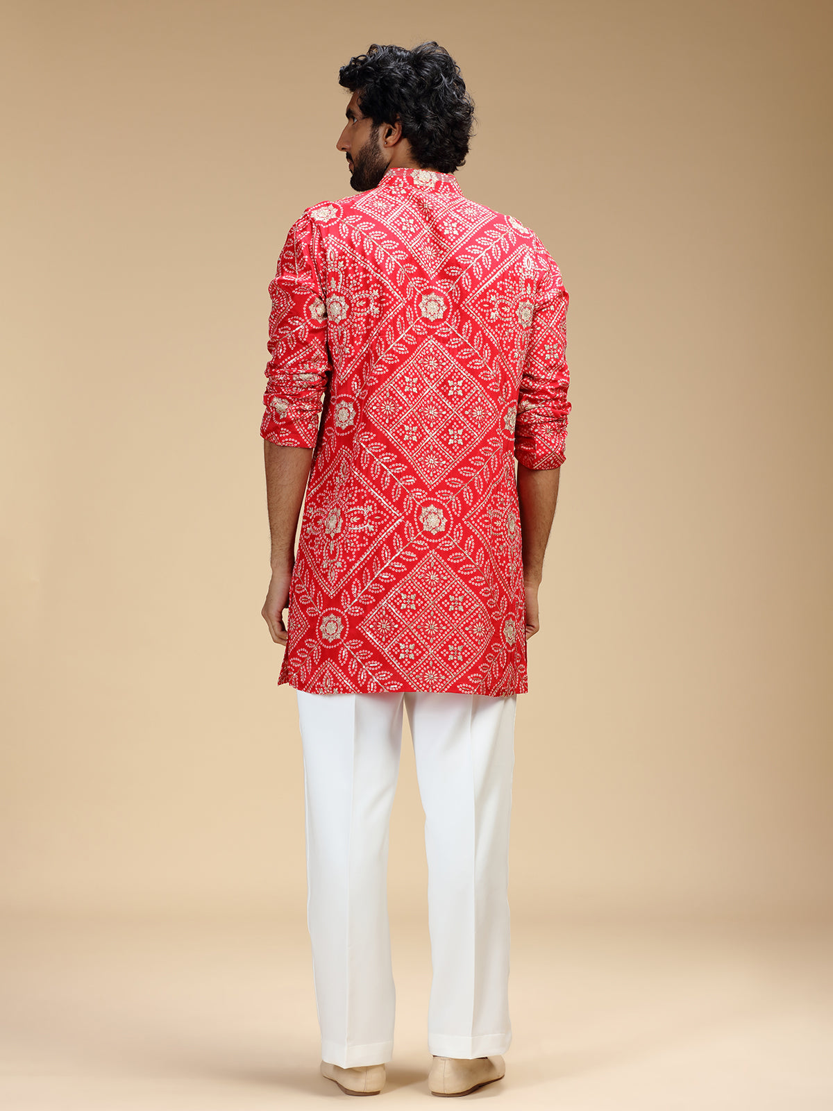 Red pure crepe mens kurta suit with floral panels