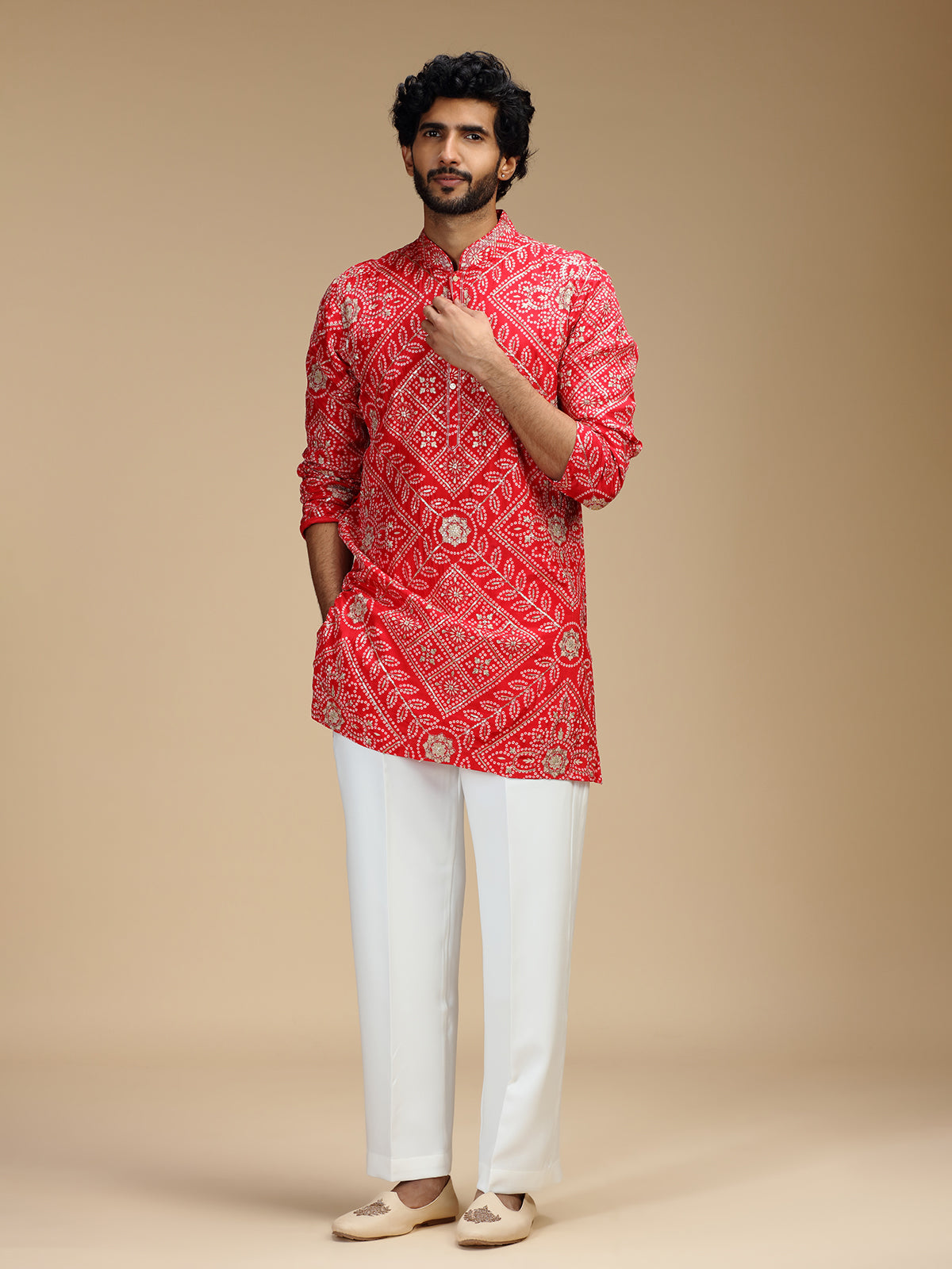 Red pure crepe mens kurta suit with floral panels
