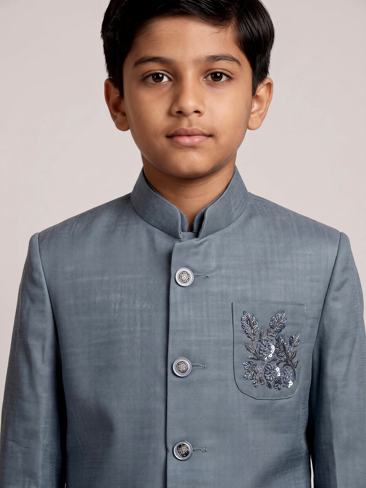 Stone grey boys waistcoat set with zardosi chest pocket accents