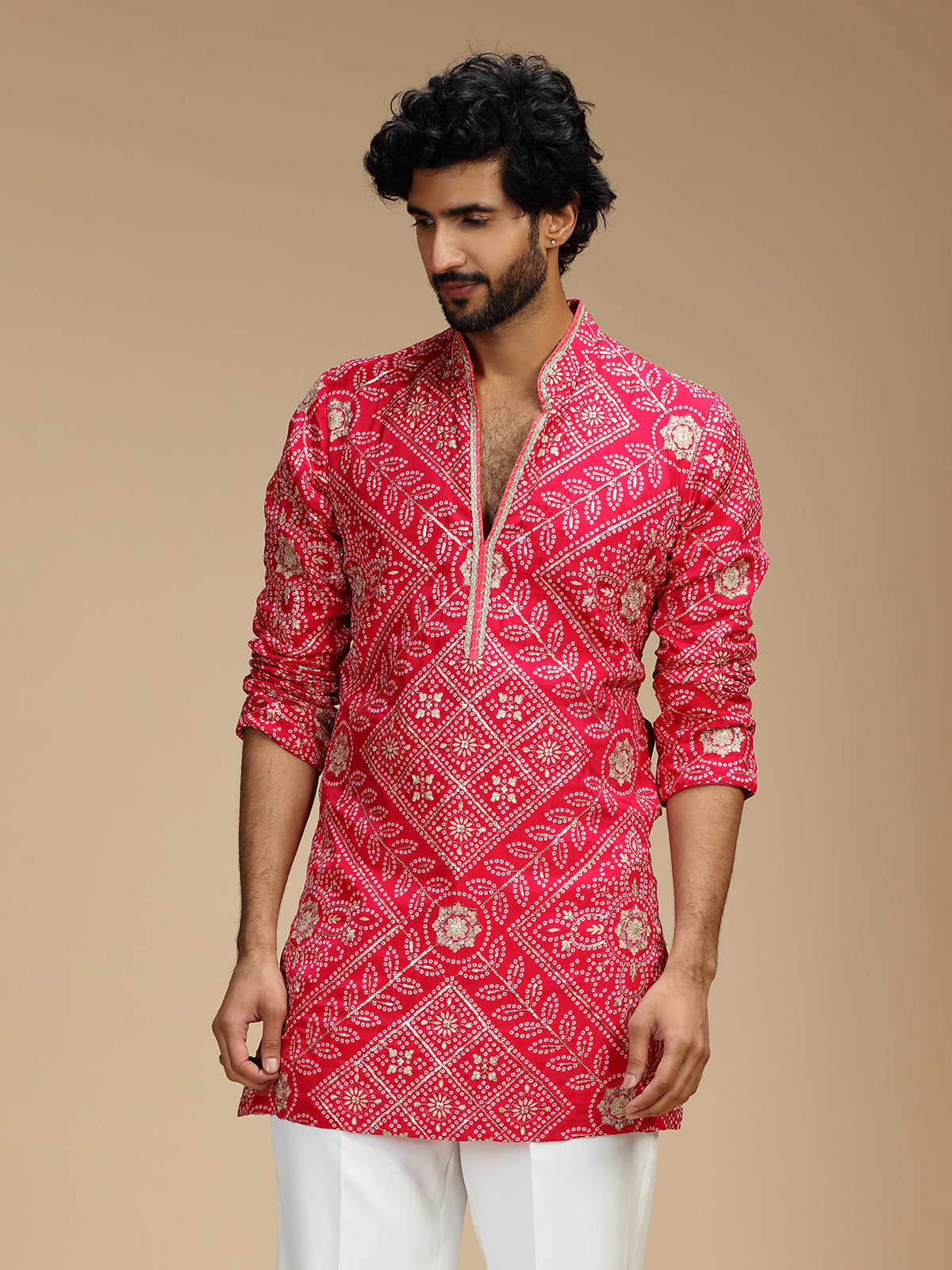 Magenta pink pure crepe mens kurta suit with floral medallions