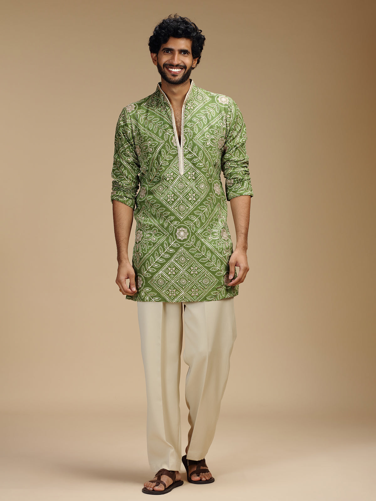Green pure crepe mens kurta suit with floral medallions