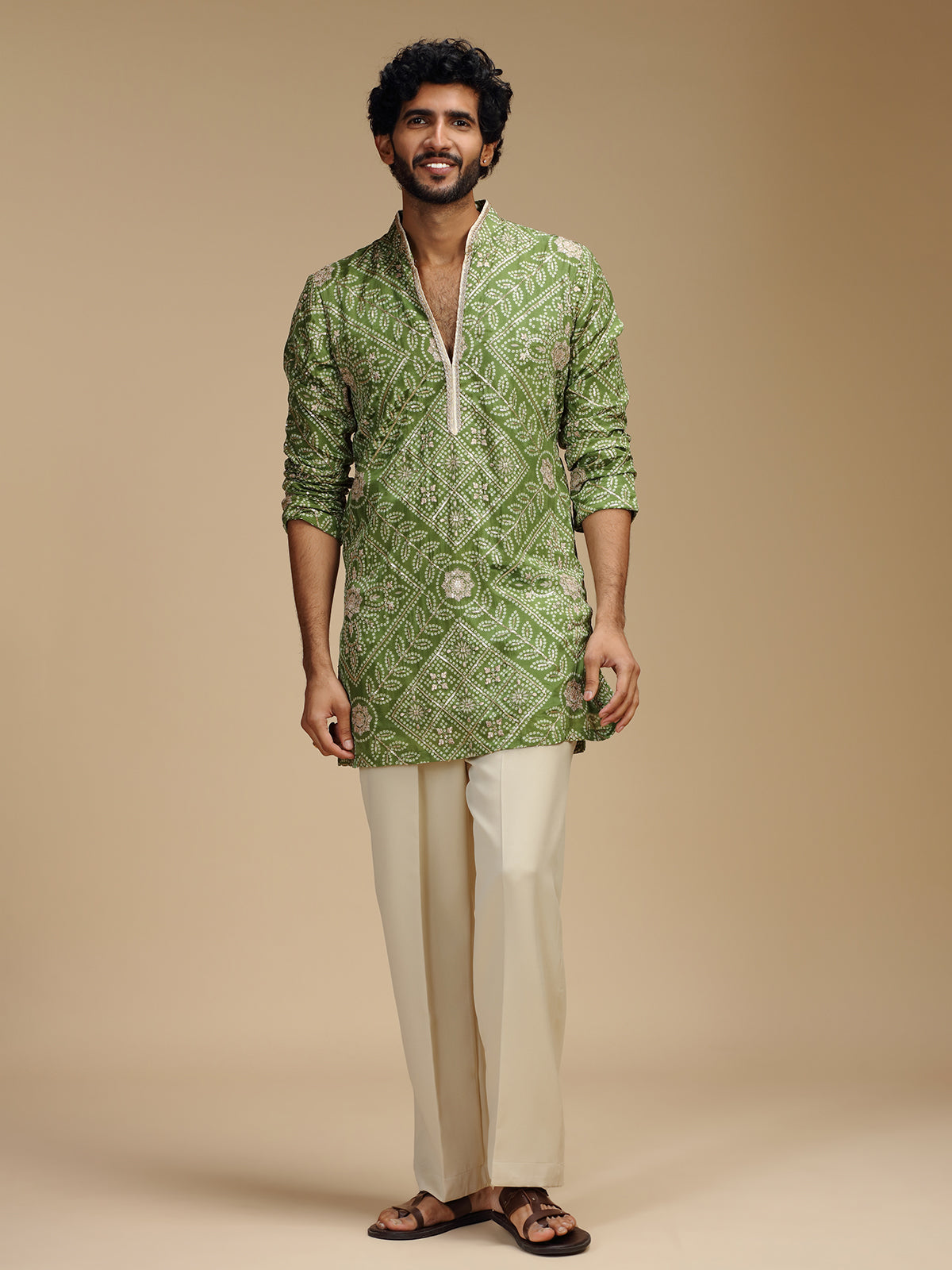 Green pure crepe mens kurta suit with floral medallions