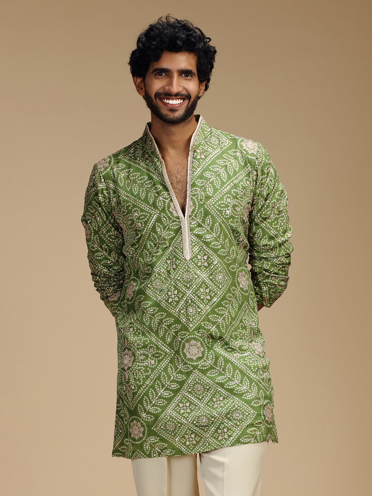 Green pure crepe mens kurta suit with floral medallions