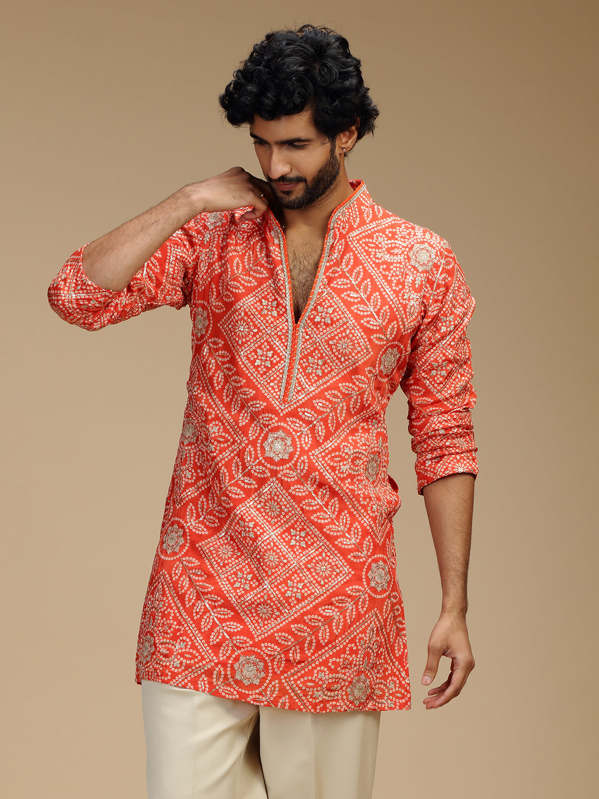 Orange pure crepe mens kurta suit with bandhani design